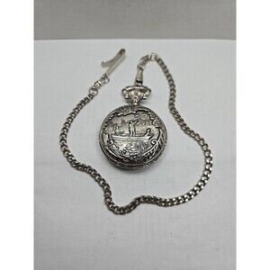Details Duck Hunting Pocket Watch Blue Silver Tone Boat Dog Quartz New Battery